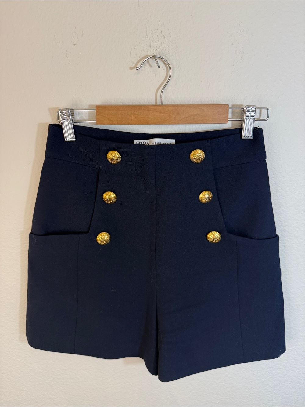 ZARA Navy High-Rise Shorts with Gold Buttons